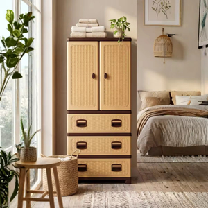 Foldable Multifunctional <b>Storage</b> Box Plastic Stackable Container with Rattan Pattern Hanging <b>Clothes</b> and Drawer for Home Use - Product Image 6