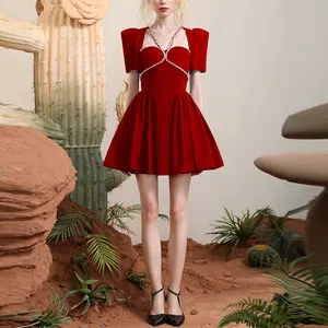 Custom French Red Party Princess Dress For Girl Summer New Style Beading Short Sleeve Vintage Short Dress For Women