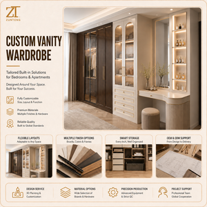 Armoire de luxe moderne sur mesure en bois bicolore avec coiffeuse et miroir arqué LED en verre cannelé pour <span class=keywords><strong>chambre</strong></span> à coucher - Product Image 1