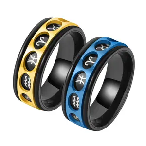 Hollow Design 12 Sign Rotatable Finger Ring Relieve Anxiety Fidget Black Stainless Steel Spinner Ring For Men