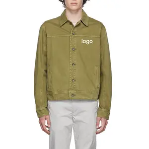 Custom New 100% Washed Cotton Non Stretch Olive Khaki Garment Washing Slim Fit Denim Casual Work Jacket