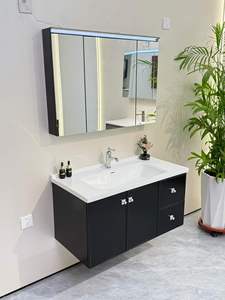 Meuble-lavabo mural noir moderne avec miroir LED, vasque en céramique de 60 pouces, design minimaliste, style contemporain - Product Image 4