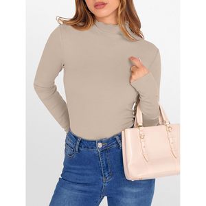 FOXA Top de punto acanalado de manga larga con cuello simulado para mujer, ajuste ceñido, estilo casual elegante, jersey para otoño - Product Image 4