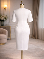 ADR060351 Robe d'automne blanche grande taille pour femme, à manches courtes, asymétrique, avec fente, effet sculptant la taille et appliques