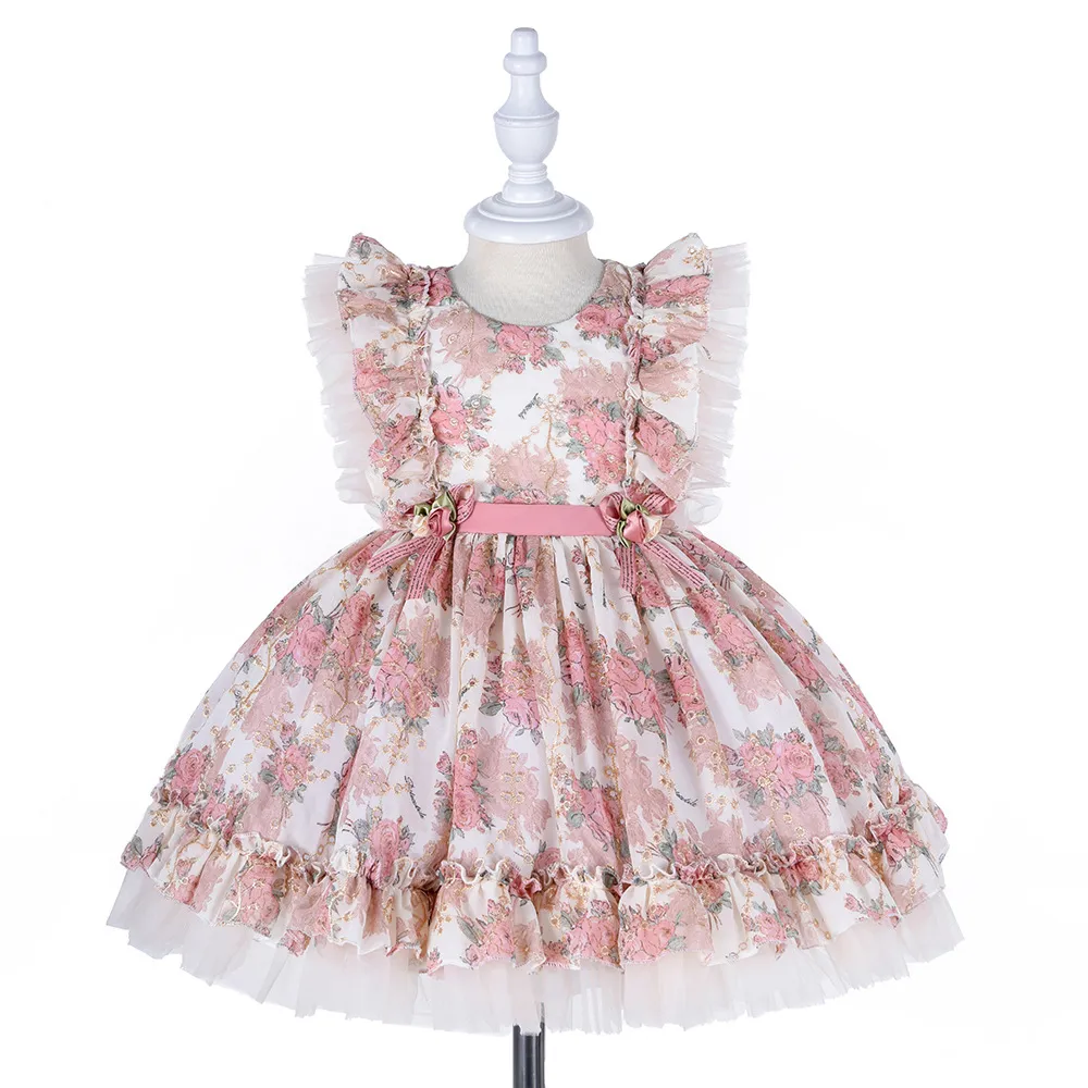 Gaun Lolita Musim Panas untuk Bayi Perempuan, Gaun Putri Tanpa Lengan, Gaun Pengantin Anak-anak, Gaun Putri Tanpa Lengan Motif Bunga, untuk Bayi Perempuan