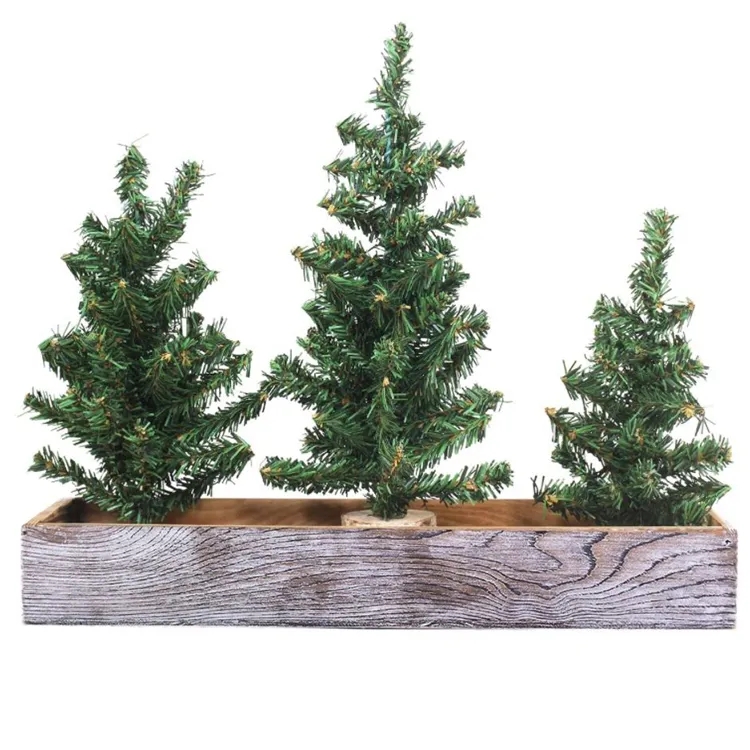 3 Pack Mini Canadian Pine Trees with Wood Bases Artificial Miniature Christmas Trees Rustic Planter wood crate christmas tree