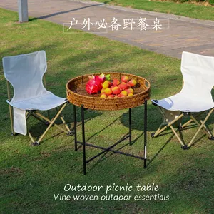 XH便携式户外树脂柳条桌露台池畔草坪花园藤丝框架折叠站立咖啡侧折叠桌