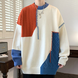 Suéter coreano de hombre de moda, con diseño de patchwork, suéter holgado con contraste de color, abrigo térmico de otoño e invierno, poliéster transpirable - Product Image 6