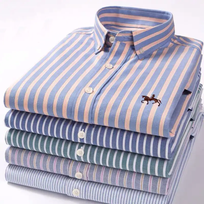 Áo Sơ Mi Kẻ Sọc Cotton Phong Cách Mới Áo Sơ Mi Công Sở Kéo Sợi Oxford Dài Tay Cho Nam Áo Thêu Nam