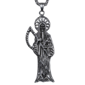 Collier pendentif en acier inoxydable Santa Muerte Grim Reaper Scythe Justice Scales pour hommes, bijoux vintage gothiques, style motard, rétro, audacieux - Product Image 1