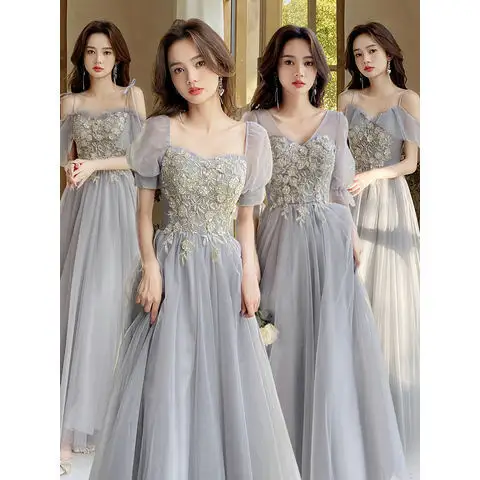Flower Gown Floral Prom Dress Long Tulle Floral Bridesmaid Gown Bridal Party Event Gray Wedding Dresses for Bridesmaid