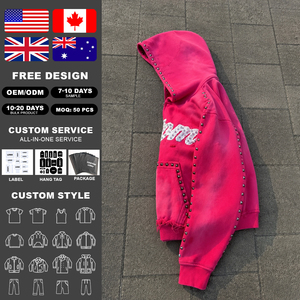 Sudadera con capucha unisex rosa 100% algodón con parche de letras bordado, pedrería, cremallera, remaches y lavado ácido estilo retro - Product Image 2