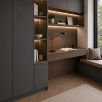 Armoires de bureau gris anthracite avec bureau ton noyer, étagères lumineuses et zone de travail compacte