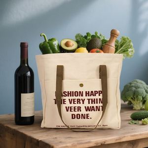 Sac fourre-tout en toile crème avec poche avant, bouton-pression et impression de slogan pour étudiants, courses quotidiennes et travail - Product Image 4