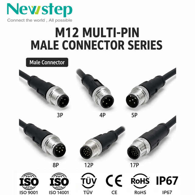 IP67 Waterproof M12 Male Connector 3 4 5 8 12 17 Pin Molded Cable Assembly for Industrial Equipment