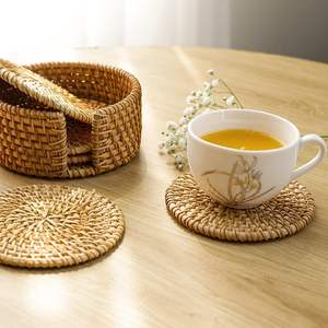Dessous de verre en rotin tissé naturel Dessous de plat rond résistant à la chaleur pour tasses à thé pour table de cuisine-Ensemble de tapis - Product Image 3