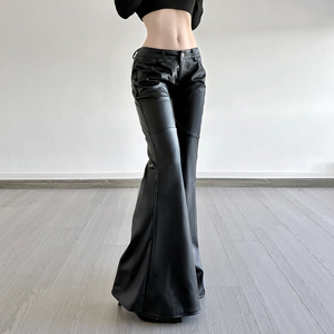 Edgy Street Style Breathable PU Pants-<b>Low</b>-<b>Rise</b> Bootcut <b>Flare</b> with Flat Front and Slimming Fit - Product Image 4