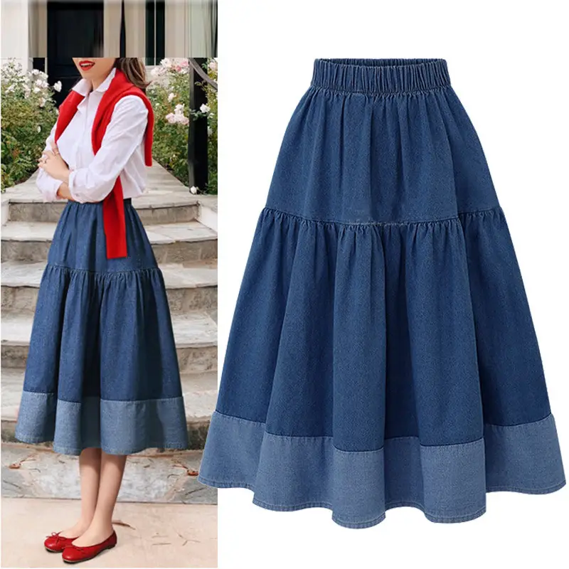 Hot Sale summer elegant casual high waist women pleated A line denim midi length Skirt patchwork elastic Ladies skirts