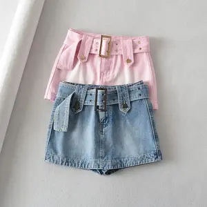 Customized Summer New Fashion Wash 2 Colors Casual Belted High Waist Y2K Denim Mini Skirt With Shorts Women