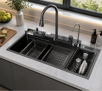 Évier de cuisine multifonctionnel en acier inoxydable avec robinet extractible, panier d'égouttage et égouttoir
