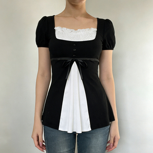T-shirt court Y2K mignon pour femme, style babydoll, contrastant noir et blanc, froncé, col carré, à nouer devant, manches courtes - Product Image 5
