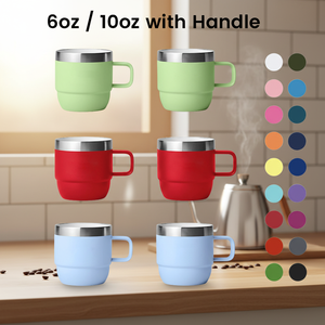 Tasses empilables à double paroi isolées sous vide avec poignée, 6 oz et 10 oz, ensemble de gobelets de camping en acier inoxydable avec logo personnalisé pour boissons chaudes et froides - Product Image 1