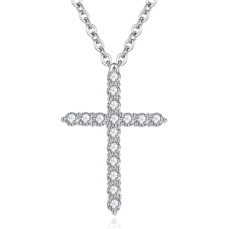 Fashion Silver Color Stainless Steel bling bling clear cubic zircon single crystal charm necklace cross pendant necklace jewelry