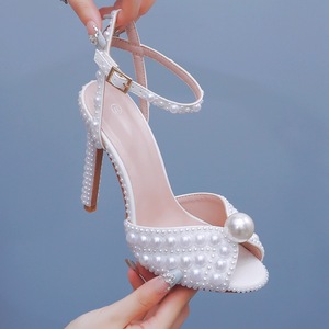 Sandales en perles faites à la main et personnalisées, 6,5 cm, 8 cm, 11 cm, chaussures de mariée de haute qualité, chaussures de créateur, talons pour femmes, blanc beige - Product Image 5