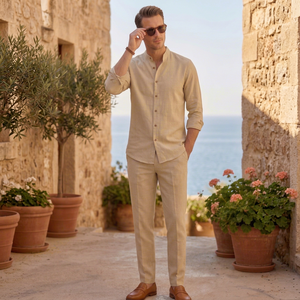 Ensemble 2 pièces confortable pour homme en lin blanc flamé, chemise respirante à col mandarin, taille élastique, 3 poches, entièrement boutonnée - Product Image 1