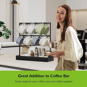 Support à tasses Tianyi à 2 niveaux avec plateau, sans perçage, organisateur de tasses à café pour cuisine, étagère de rangement - Product Image 4
