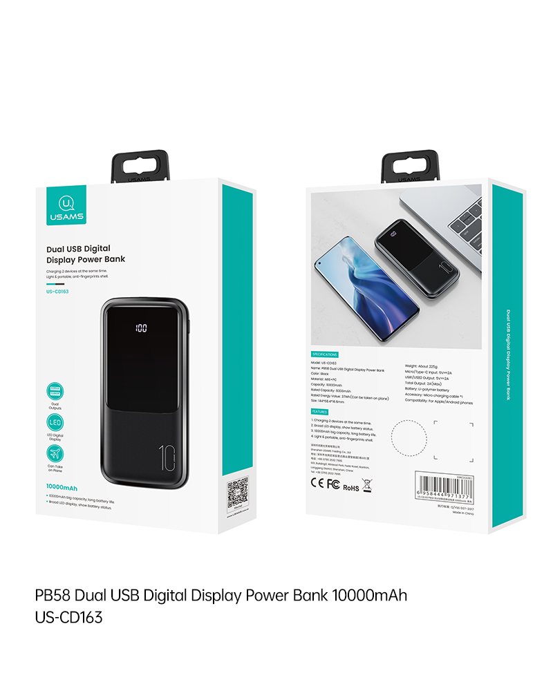 USAMS Top Seller CD163 PB58 10000mAh High Power Dual USB Fast Charging Power Bank With LED Digital Display Power Bank