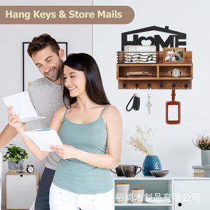 Wooden Wall-Mounted Key Rack Mail Organizer With <b>Hooks</b> And <b>Shelf</b> For Home Entryway Storage - Product Image 2