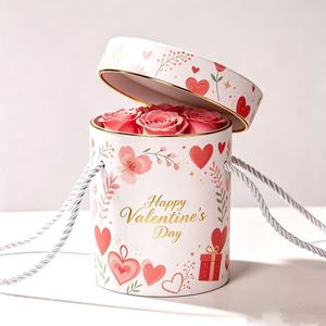 Caja de Regalo Cilíndrica para el Día de San Valentín con Asa, de Cartón Rígido, para Empaque de Flores, con Diseño en Dorado - Product Image 1