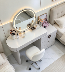 Modern White Vanity Table <b>with</b> <b>Lighted</b> Round <b>Mirror</b> and 3 Drawer Storage Cabinet - Product Image 2