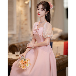 Pink A-Line Chiffon Bridesmaid Dress With Bow Sweetheart Neckline Mid-Length For Petite Women Summer Elegant Engagement Wear - Product Image 3