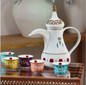 Ceramic Arabic Coffee <b>Pot</b> and Cups <b>Set</b>, Luxury Dallah Coffee <b>Pot</b> with Calligraphy Design Cups, Ramadan/Eid <b>Tea</b> & Coffee Service - Product Image 3