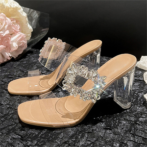 2025 Design Summer <b>Crystal</b> Hollow Sandals European and American slippers High Heels square Toe Women's Shoes - Product Image 6