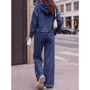 Ensemble personnalisé pour femmes, 2 pièces, sweat à capuche zippé, pantalon large, manches longues, taille élastique, couleur unie - Product Image 5