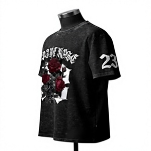 <b>Black</b> Crew Neck T-Shirt Men Floral <b>Rose</b> Print Street Style Summer Wear Knitted Cotton Front Logo Design - Product Image 3