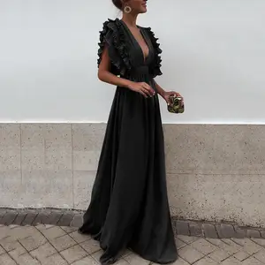 Sexy V cổ ruffles maxi đen Chic buổi tối Ăn mặc