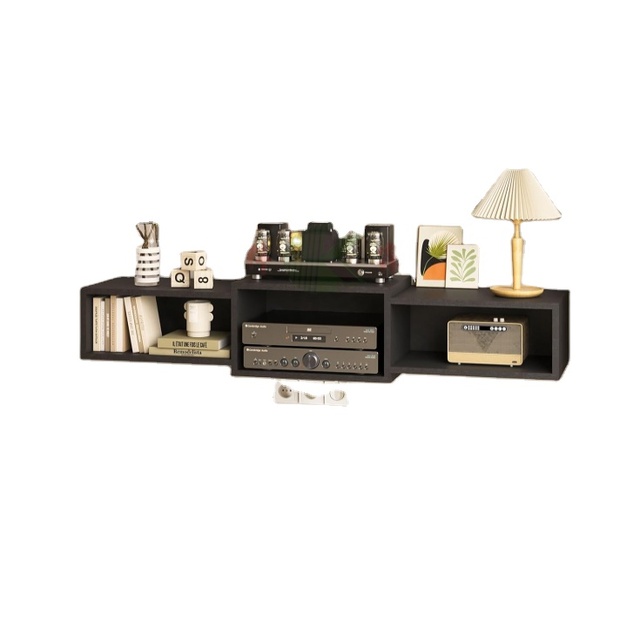 Floating TV Cabinet with Power Outlet,Wall Mounted Wooden Media Console,Brown Storage Shelf for Living Room/Bedroom/Office