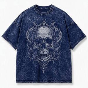 Übergroßes T-Shirt mit Fallschulter in Anthrazit-Schwarz, Acid-Wash-Effekt, Vintage-Totenkopf-Druck, Locker Geschnittenes Streetwear-T-Shirt - Product Image 1