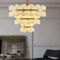 Lustre Tambour Moderne en Albâtre avec Cadre en Laiton Doré, Lumière Chaude 2700K, Grand Luminaire Suspendu pour Salon