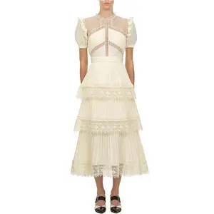 Wholesale Bubble Sleeve High Waist Lace Fashion Elegant Maxi Casual Lady Dress