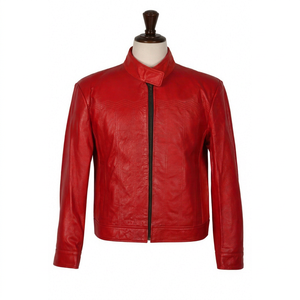 <b>Men's</b> <b>Red</b> Genuine <b>Leather</b> Moto <b>Jacket</b> Stand Collar Zipper Closure Slim Fit Autumn/Winter Waterproof Breathable Eco-Friendly - Product Image 1