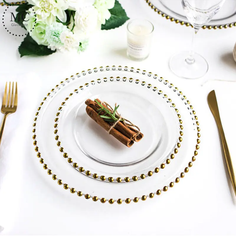 8/10/12 inches clear wedding gold glass plates wholesale silver beaded charger plates dinnerware set for wedding decoration