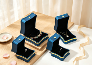 Juego Completo de Cajas de Joyería Hechas a Mano de Alta Gama, Forradas en Tela de Terciopelo Azul, Base Rígida, Bordes con Adornos Dorados, Hebilla Pequeña Dorada en el Exterior - Product Image 6