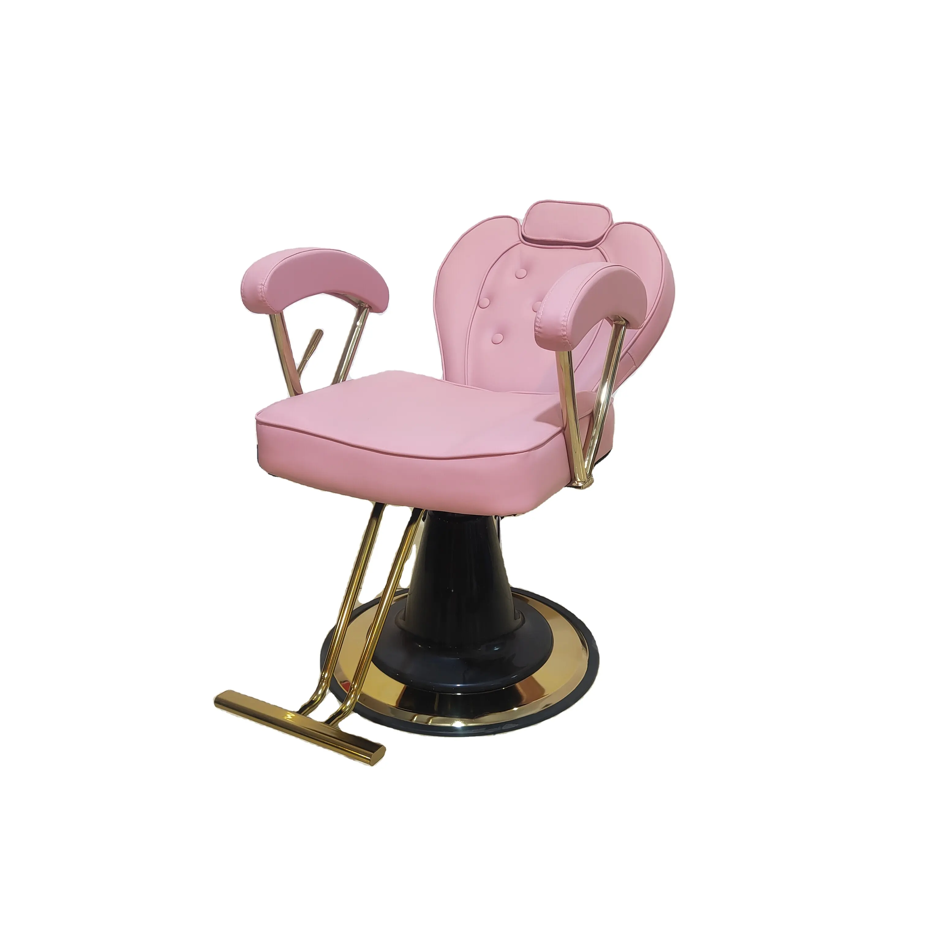 Silla de peluquero giratoria de cuero rosa de alta calidad, sillón reclinable multiusos con Base redonda dorada para Estilismo de peluquería