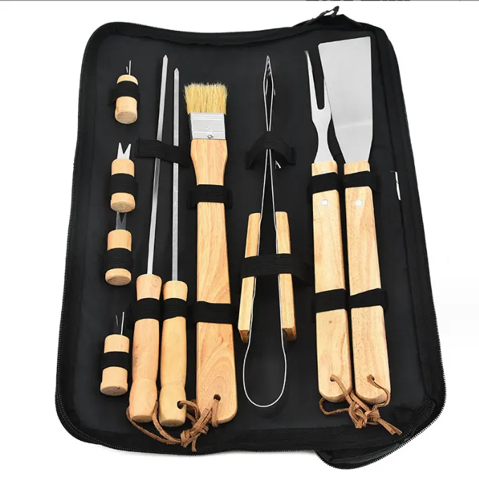 10 pcs in one set Oxford cloth bag packaging Barbecue Tools Wooden Handle Bbq Tool Set