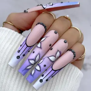 French Purple Ballerina Water Drop Black Diamond Press On Nails Wholesale 24 Pcs Artificial Fingernails
